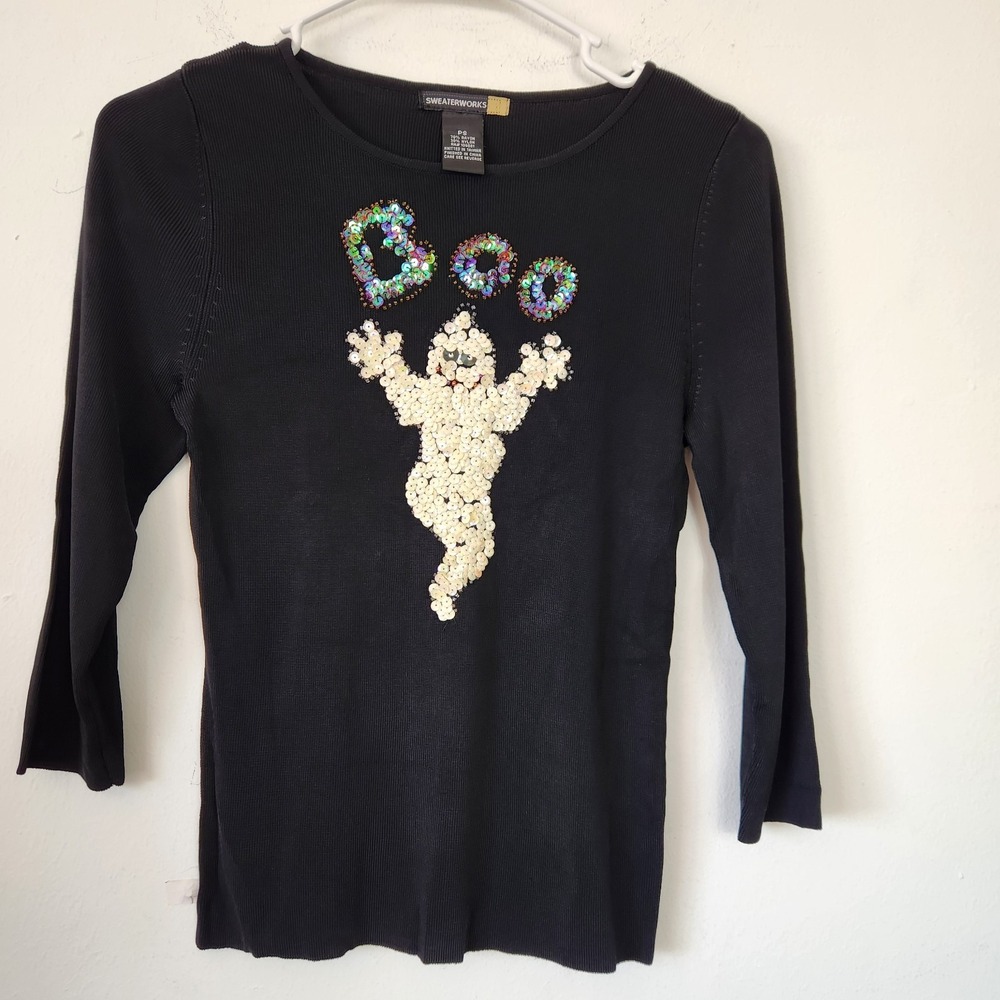 Y2K Halloween Top Ghost Sequin Shirt Sweater Sz PS Black Whimsigoth Vintage Boo